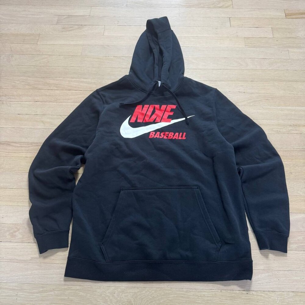 Nike Baseball Swoosh Hoodie Black Red Pullover Hooded Sweatshirt Size L